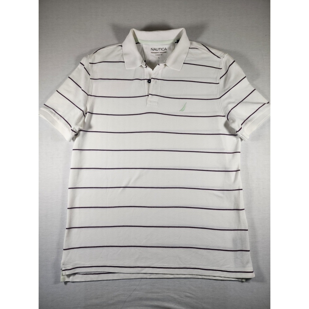 Nautica Polo Shirt Mens‎ Large White Navy Striped Performance Deck Classic Fit